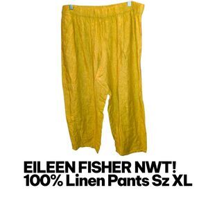 EILEEN FISHER NWT XL 100% Organic Linen Mustard Wide Leg Pull On Pants MSRP $218